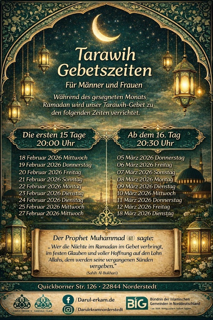 Tarawiih Gebetszeiten Ramadan 2026 - Darul Erkam Norderstedt
